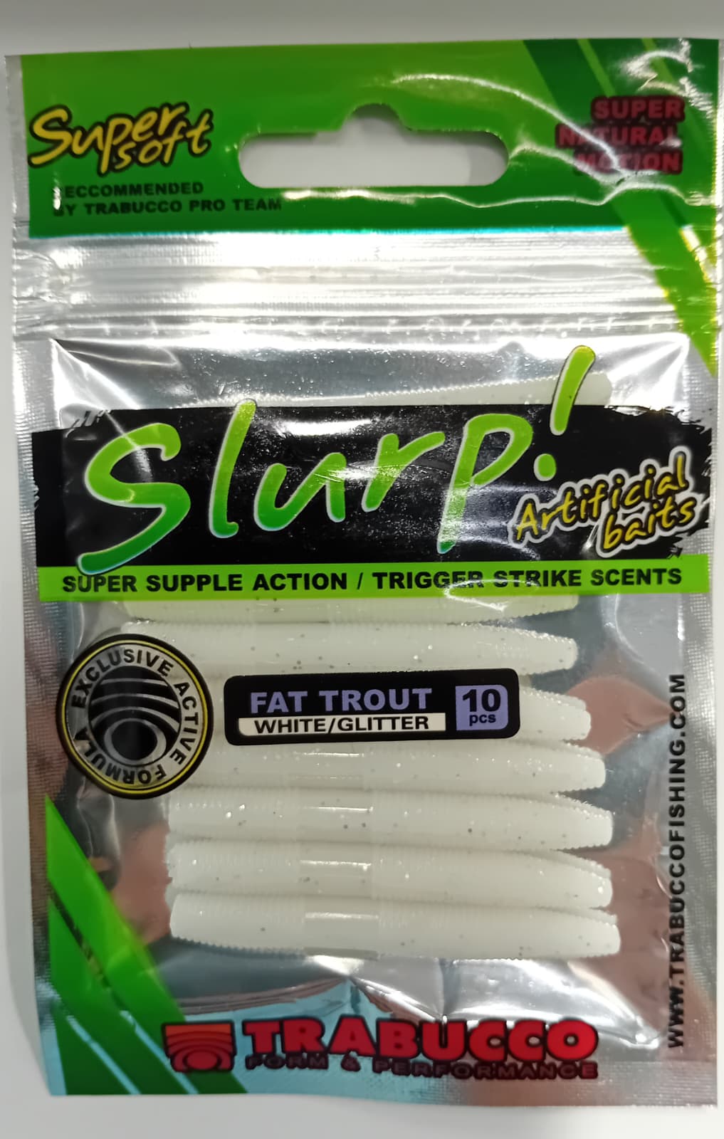 SLURP BAIT FAT TROUT WORM WHITE/GLITTER 10pcs