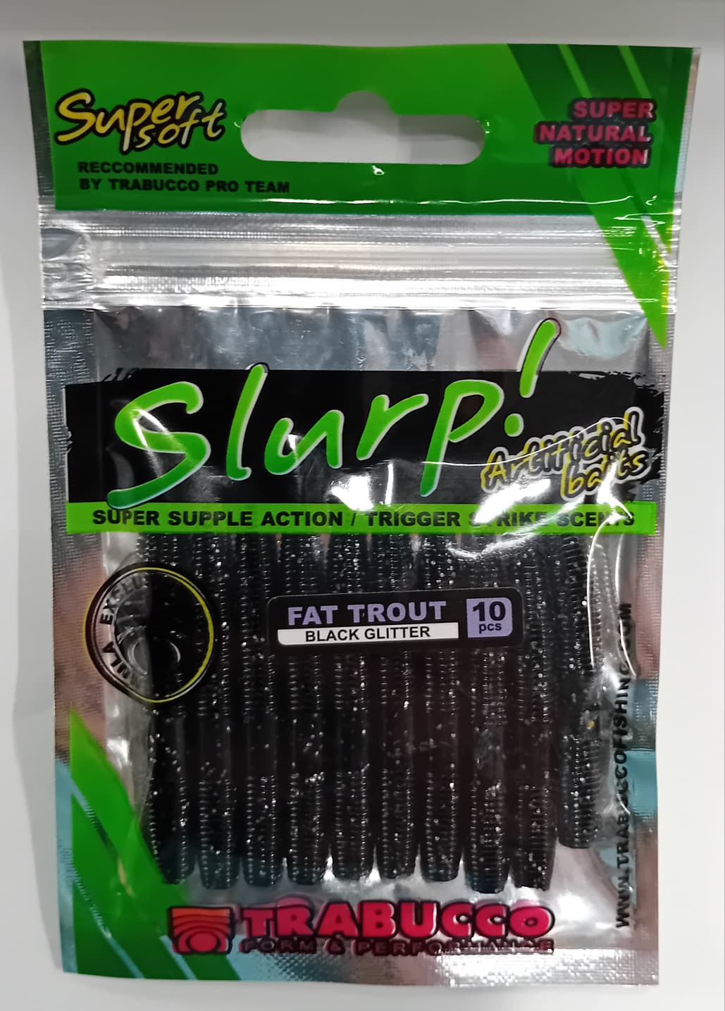 SLURP BAIT FAT TROUT WORM BLACK/GLITTER 10pcs