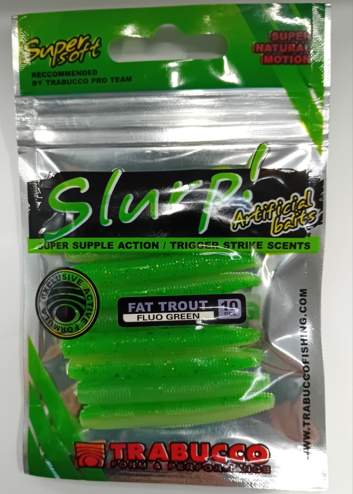 SLURP BAIT FAT TROUT WORM FLUO/GREEN 10pcs