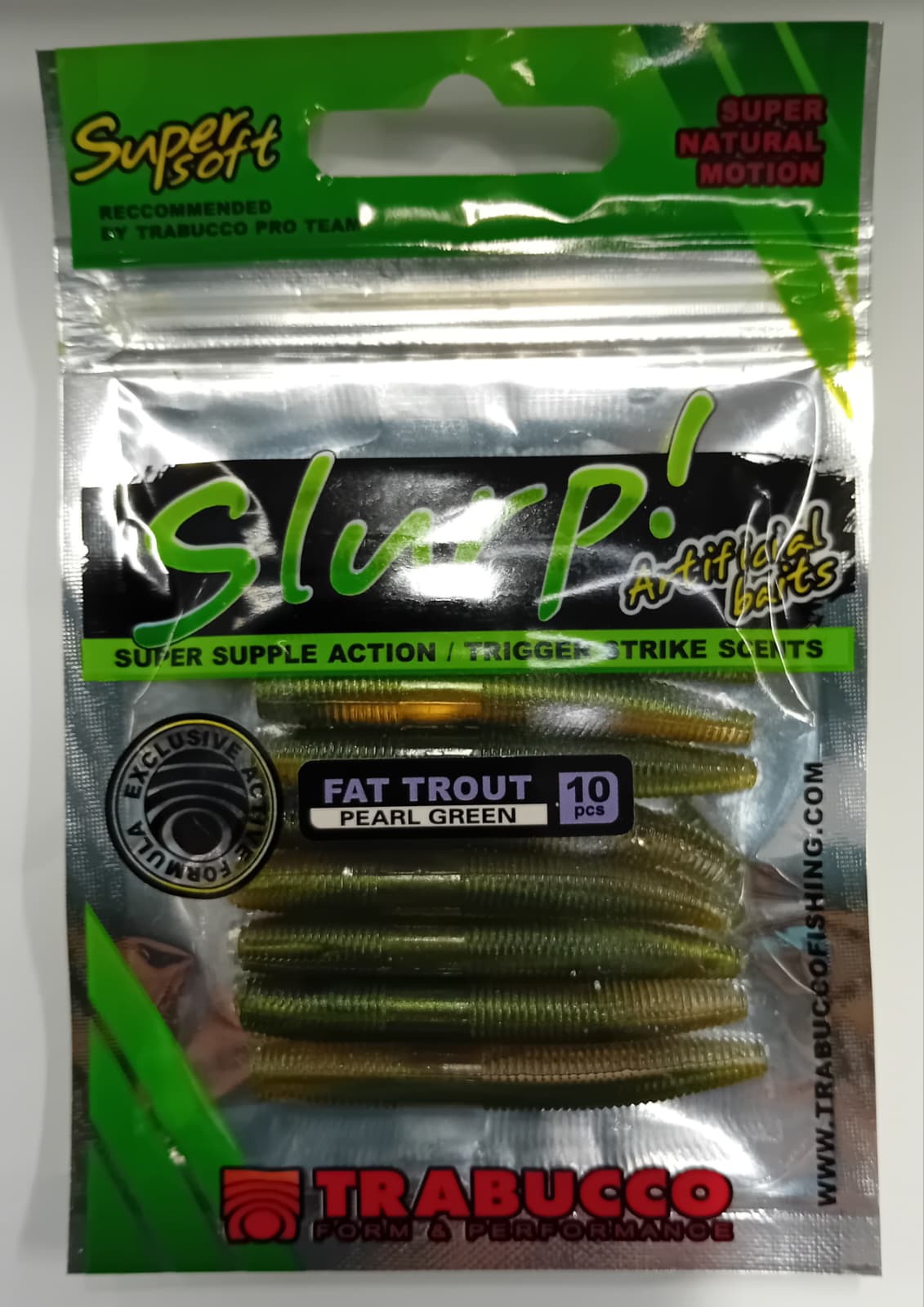SLURP BAIT FAT TROUT WORM PEARL GREEN 10pcs